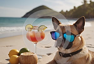 White dog wearing sunglasses relaxes on the beach next to a tropical drink