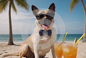 White dog wearing sunglasses relaxes on the beach next to a tropical drink