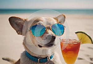 White dog wearing sunglasses relaxes on the beach next to a tropical drink