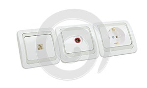 White domestic telephone socket, TV aerial socket and power soc