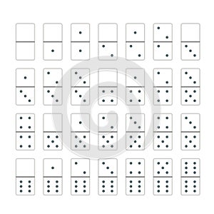 White dominos. Full set of domino game bones tiles, 28 dominoes pieces on white