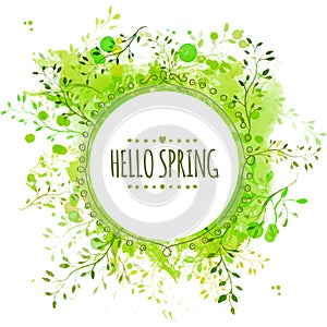 White doodle circle frame with text hello spring. Green paint splash background with leaves. Fresh vector design for banners