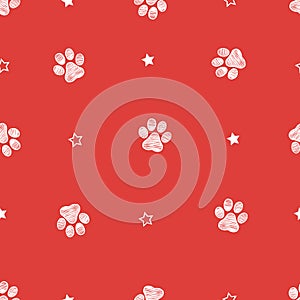 White doodle paw print red background