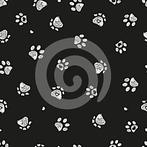 White doodle paw prints with hearts and black background seamless fabric design pattern