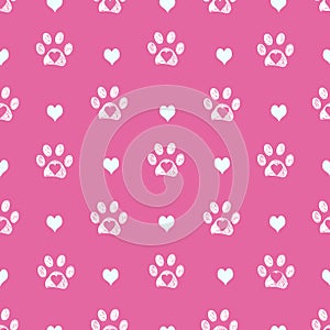 White doodle paw prints with pink hearts and pink background. Mother`s day, Valentine`s day... etc background Fabric design seamle