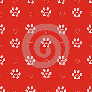 White doodle paw prints with red hearts and red background. Mother`s day, Valentine`s day... etc background Fabric design seamless