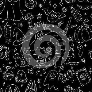 White doodles - halloween celebration on black background, chalk on blackboard, vector seamless pattern, color illustration for