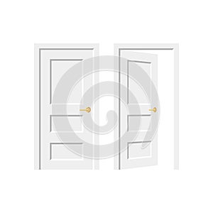 White door. Doorway concept. Open and close door isolated on white background. Building and room entrance element mockup. Vector