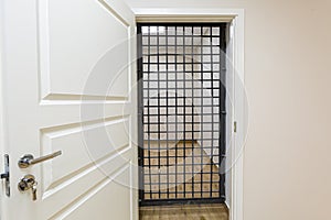 The white door with grid that is as prison cell. Concept of house arrest.