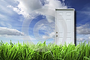 White door isolated in spring landscape