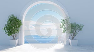 White door opens on a white wall with ocean view over the arched doorways
