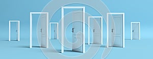 White doors opened on blue background, banner. 3d illustration