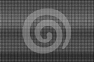 White dots on black background. Frequent grunge halftone vector texture. Horizontal dotwork gradient