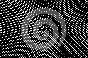 White dots on black background. Radial halftone vector texture. Rough dotwork gradient