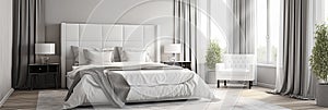 White double bed in light room with window and curtains, Panorama, Generative AI photo
