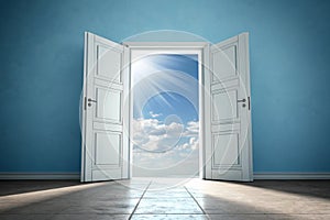 Open white double doors lead to a bright space