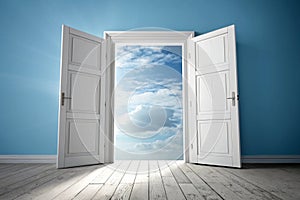 Open white double doors lead to a bright space