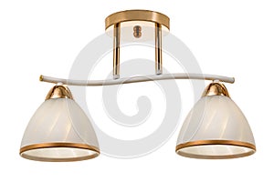 White double lamp ceiling light with gold base and matt white shades