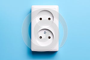 White double socket isolated on blue background. Electric lighting
