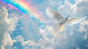 A white dove against a rainbow and clouds, evoking freedom, peace, and spirituality