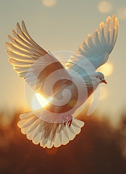 white Dove in the air with wings wide open in-front of the sun