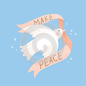 White dove biting make peace ribbon doodle vector illustration