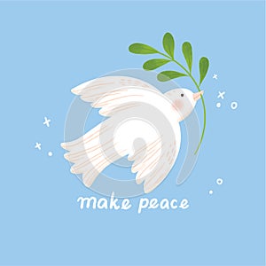 White dove biting make peace ribbon hand drawn doodle vector illustration