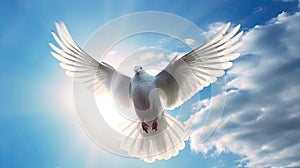 A white dove in the blue sky air with wings wide open in front of the sun. Freedom concept and international day of peace.