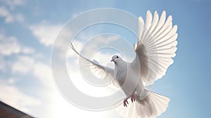 A white dove in the blue sky air with wings wide open in front of the sun. Freedom concept and international day of peace.