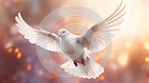 A white dove on bright light shines from heaven background. Symbol of love and peace descends from sky. Generative Ai