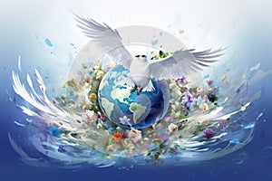 The white dove flies across the globe as a symbol of world peace. International Day of Peace or World Peace Day concept