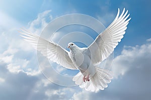 a White dove flies against the background of a blue sky with clouds.