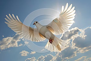 White dove in flight against a sky background