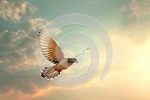 White dove in flight against a sky background