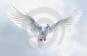 White dove in flight on blue sky background. Freedom and peace concept