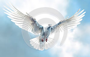 White dove in flight on blue sky background. Freedom and peace concept