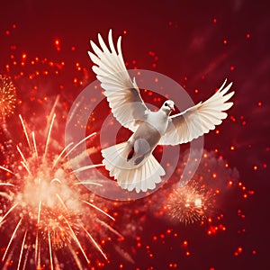 White dove in flight on red background with fireworks explosions. New Year\'s fun and festiv