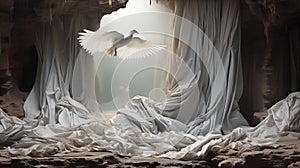 White dove fly in the cave. Biblical concept. Resurrection of Jesus\' background. Space for text. Tomb.