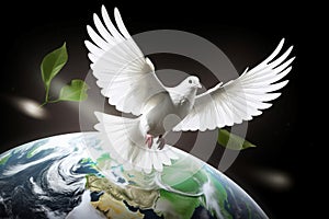 White dove flying above earth. Generate ai