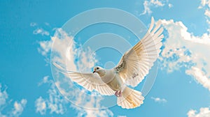 White dove flying against blue sky