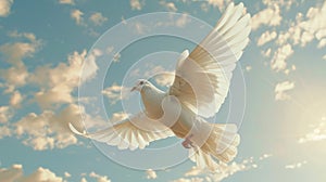 White dove flying against the blue sky