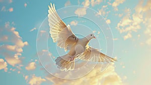 White dove flying against blue sky