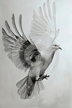 A white dove is flying in the air