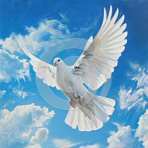 White Dove Flying Through Blue Sky