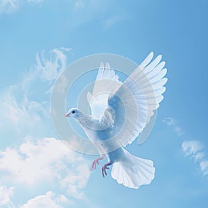 White Dove Flying Through Blue Sky