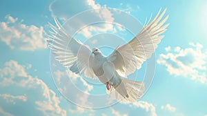 White Dove Flying Through Blue Sky