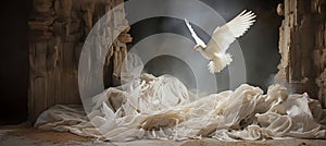 White Dove Flying in the cave. Biblical concept. Resurrection of Jesus\' background. Christian Easter concept.