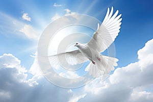 a white dove flying over the sun in a cloudy sky, in the religious style. Generative AI