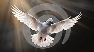 White dove flying with rays of light shining down
