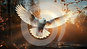 A white dove flying in the sky. Generative AI.